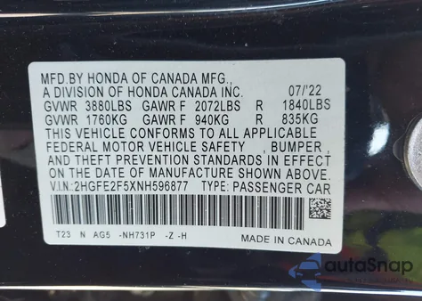 2022 Honda Civic Sport z USA, uszkodzony, nr VIN 2HGFE2F5XNH596877